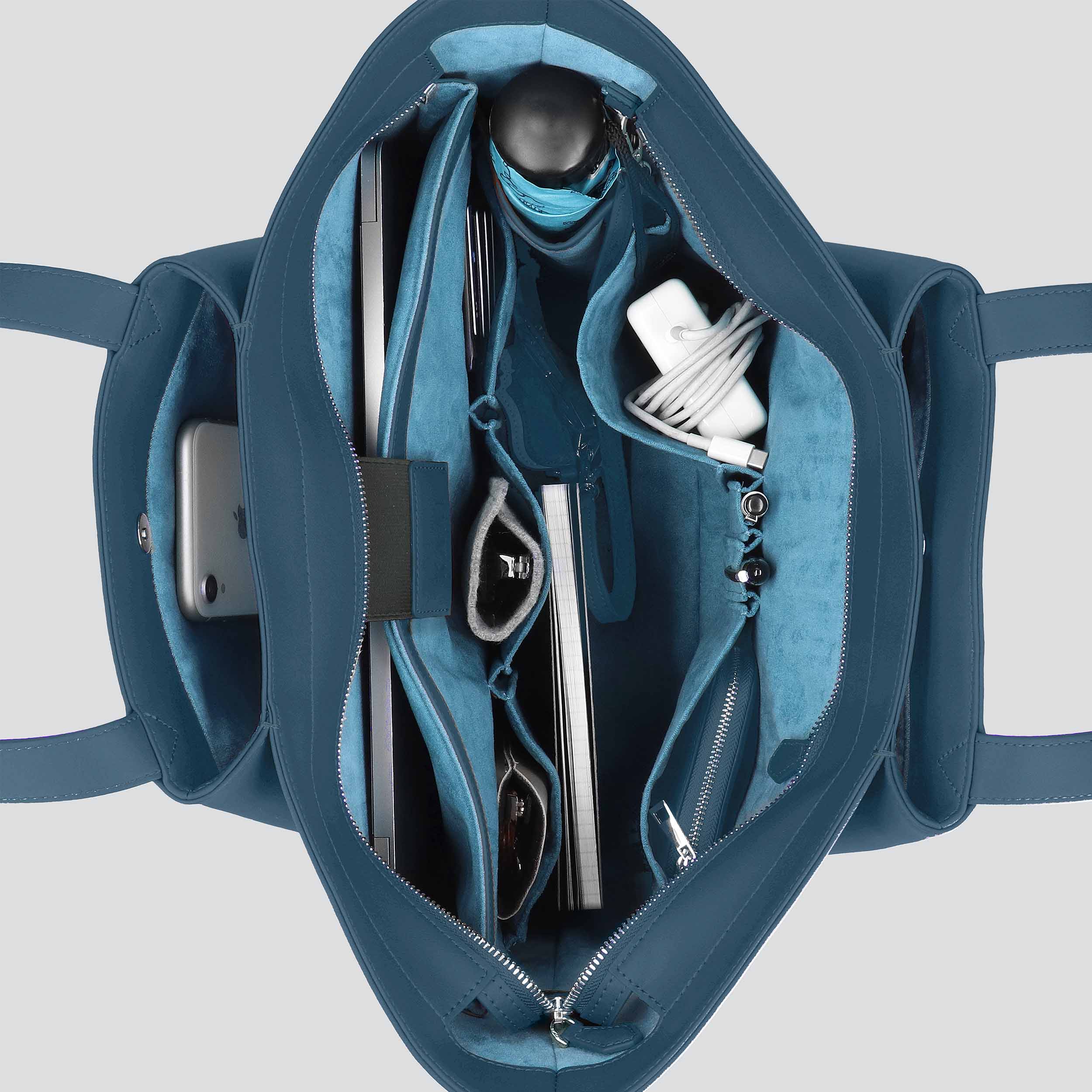 Sac cabas ordinateur effet cuir bleu canard pour femme-2