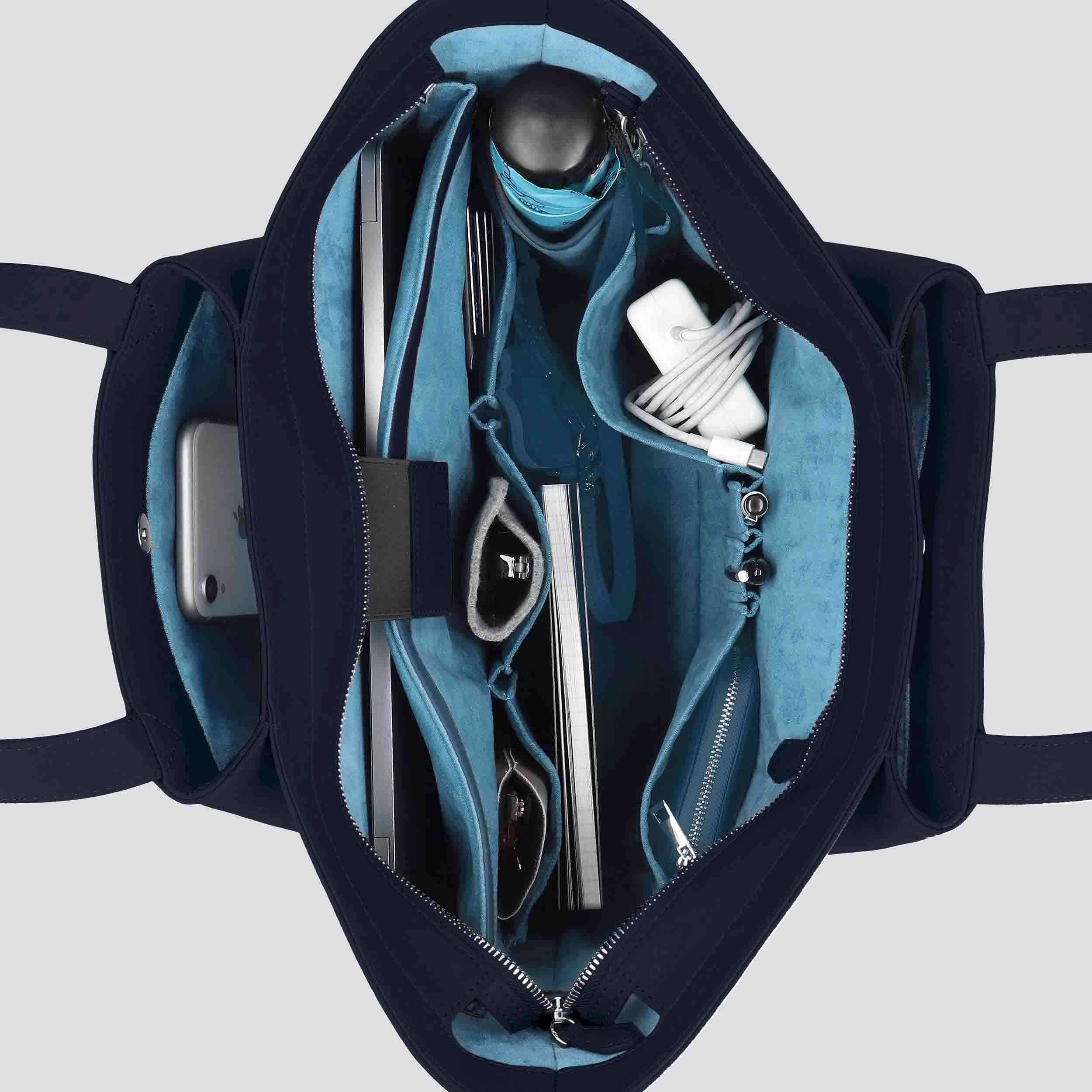Sac cabas ordinateur effet cuir bleu nuit pour femme-2